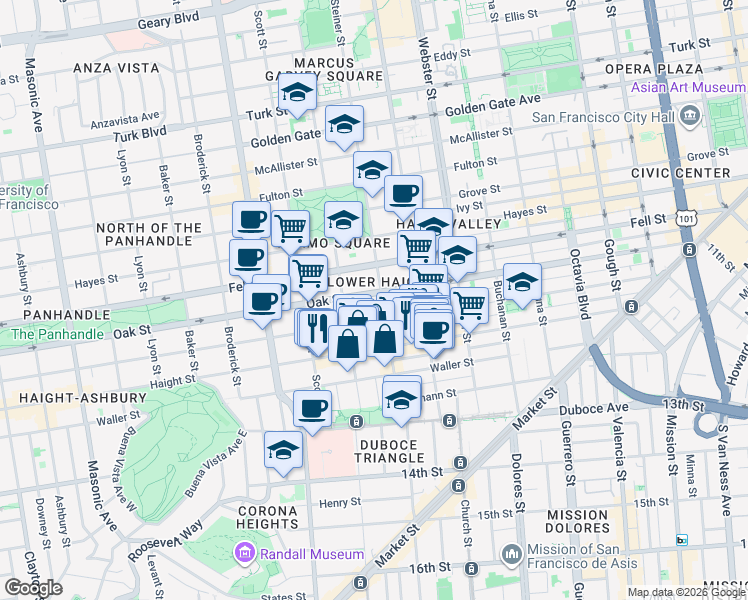 map of restaurants, bars, coffee shops, grocery stores, and more near in San Francisco