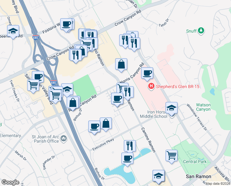 map of restaurants, bars, coffee shops, grocery stores, and more near 2110 Ivory Terrace in San Ramon