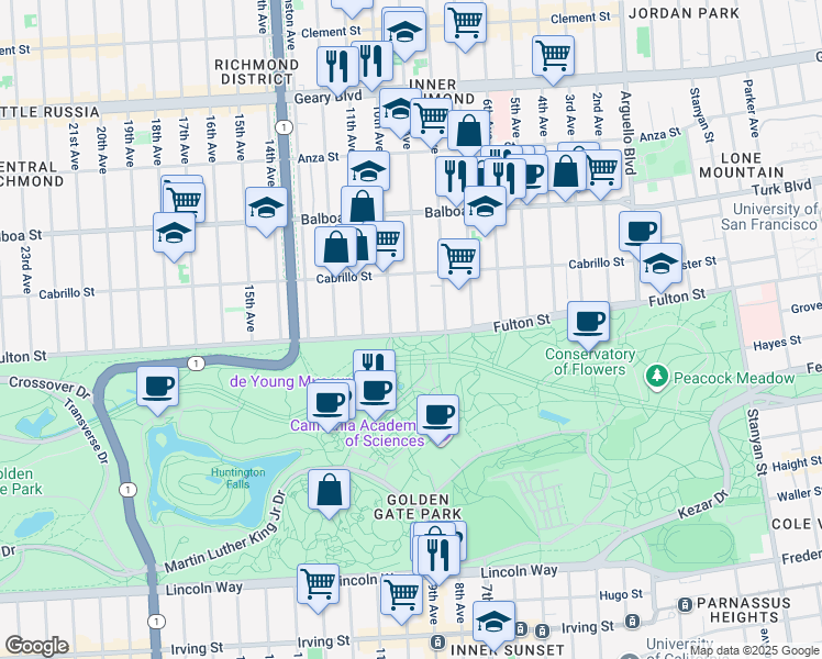 map of restaurants, bars, coffee shops, grocery stores, and more near 1 Hagiwara Tea Garden Drive in San Francisco