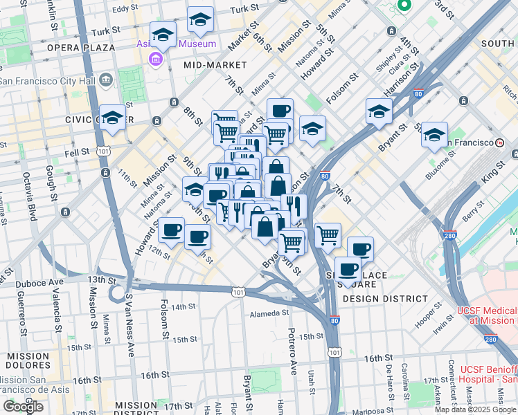 map of restaurants, bars, coffee shops, grocery stores, and more near 1226 Harrison Street in San Francisco