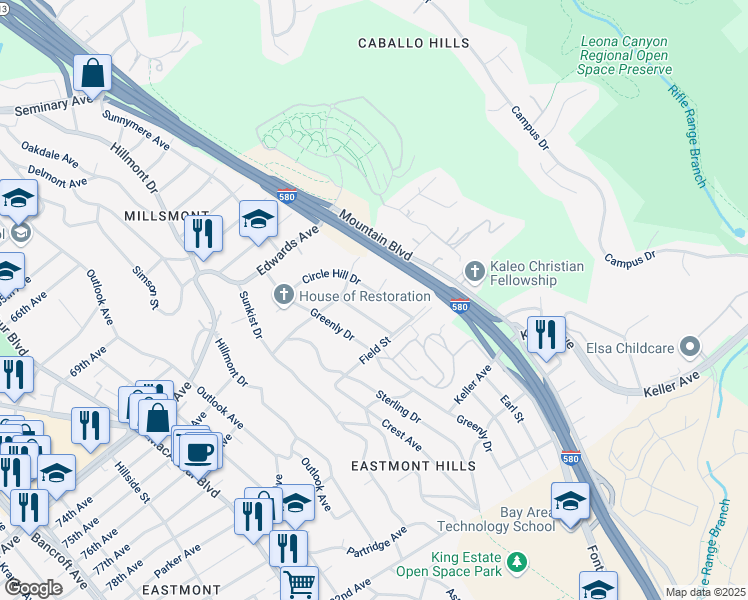 map of restaurants, bars, coffee shops, grocery stores, and more near 7555 Circle Hill Drive in Oakland