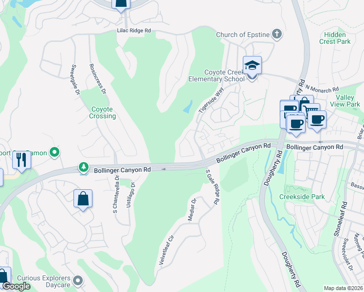map of restaurants, bars, coffee shops, grocery stores, and more near 6031 Hedgecrest Circle in San Ramon