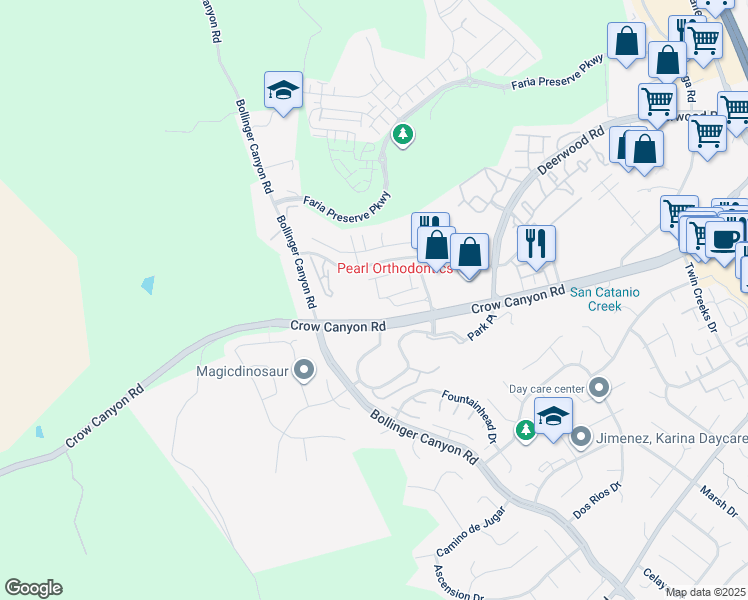 map of restaurants, bars, coffee shops, grocery stores, and more near 134 Shadowhill Circle in San Ramon