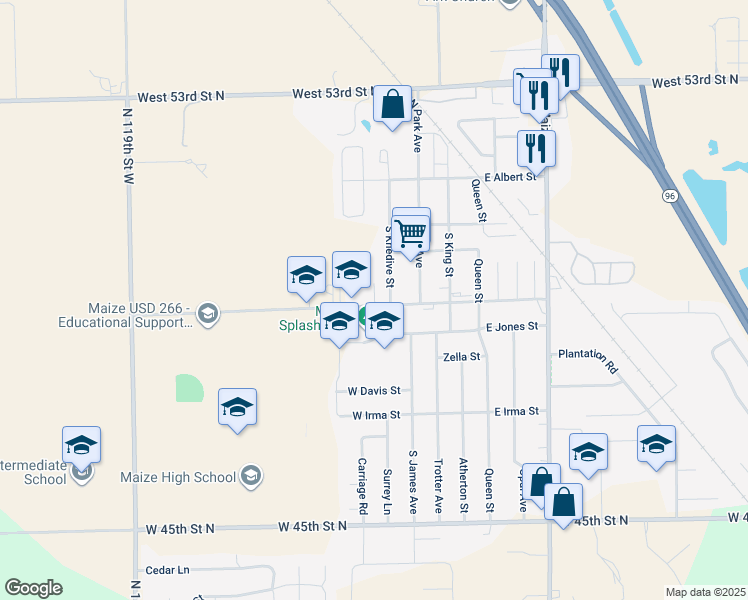 map of restaurants, bars, coffee shops, grocery stores, and more near in Maize