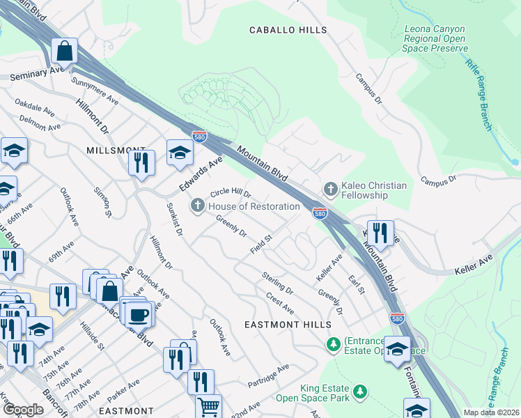 map of restaurants, bars, coffee shops, grocery stores, and more near 7591 Circle Hill Drive in Oakland
