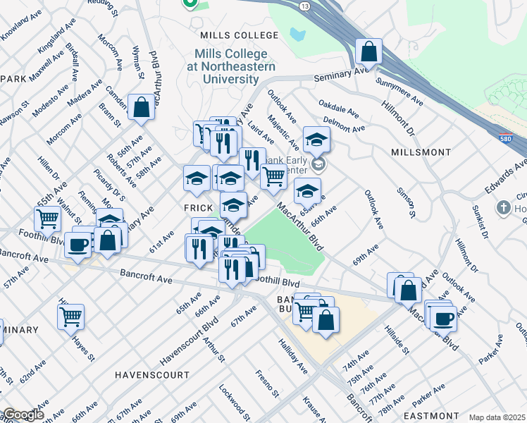 map of restaurants, bars, coffee shops, grocery stores, and more near 3155 64th Avenue in Oakland