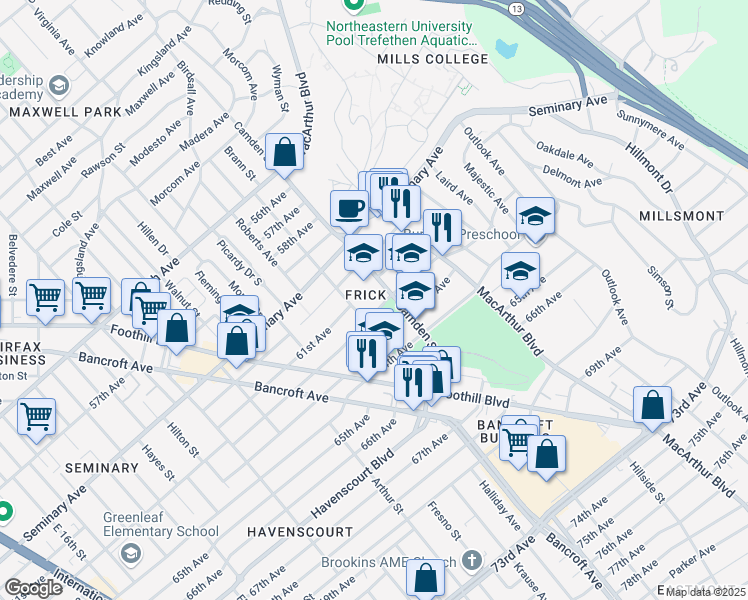 map of restaurants, bars, coffee shops, grocery stores, and more near 3000a 62nd Avenue in Oakland