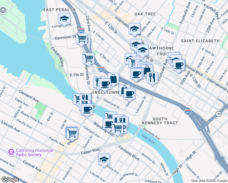 map of restaurants, bars, coffee shops, grocery stores, and more near 2896 Ford Street in Oakland