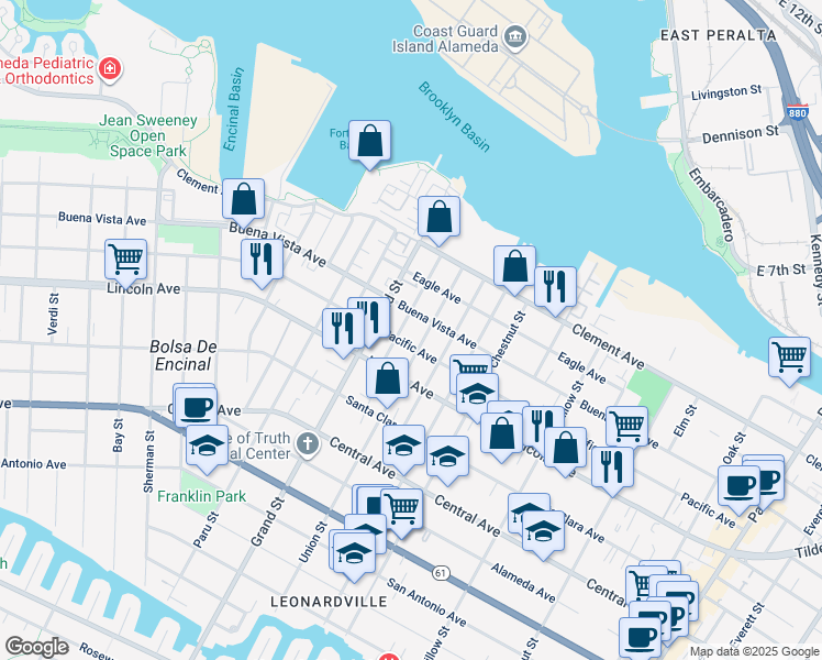 map of restaurants, bars, coffee shops, grocery stores, and more near 1739 Pacific Avenue in Alameda