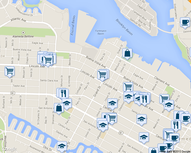 map of restaurants, bars, coffee shops, grocery stores, and more near 1634 Lincoln Avenue in Alameda