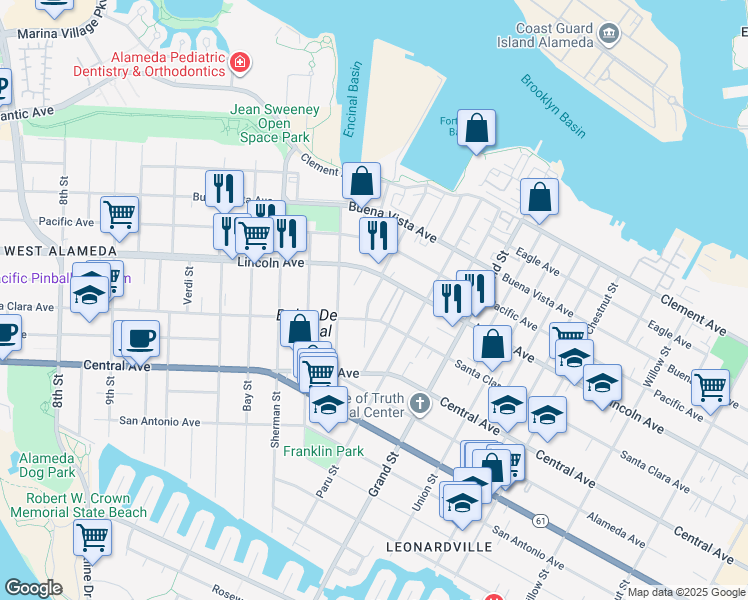 map of restaurants, bars, coffee shops, grocery stores, and more near 1537 Santa Clara Avenue in Alameda