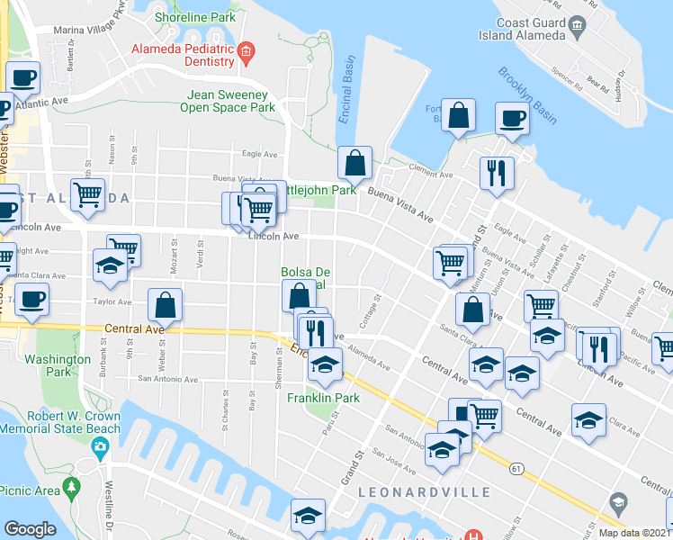 map of restaurants, bars, coffee shops, grocery stores, and more near 1505 Santa Clara Avenue in Alameda