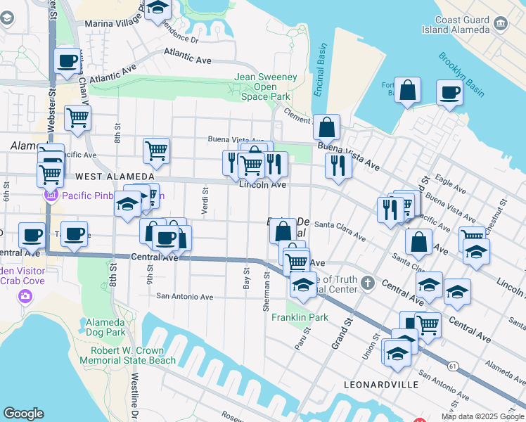 map of restaurants, bars, coffee shops, grocery stores, and more near 1224 Santa Clara Avenue in Alameda