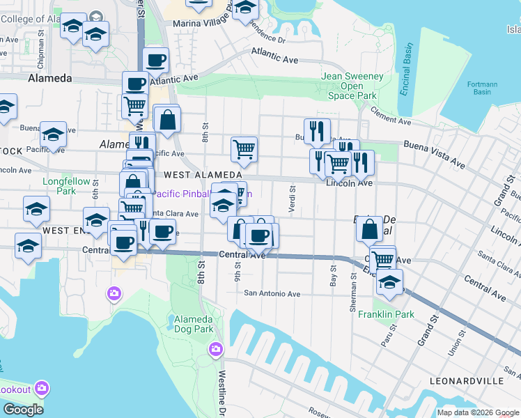 map of restaurants, bars, coffee shops, grocery stores, and more near 918 Santa Clara Avenue in Alameda