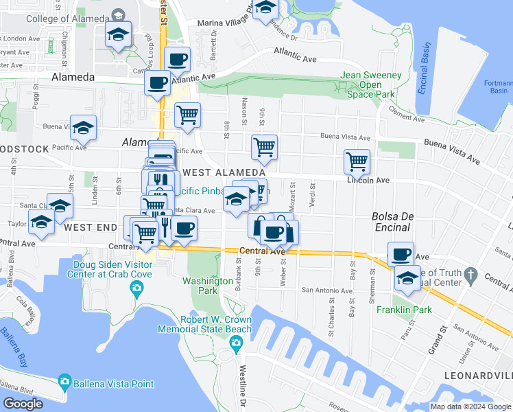 map of restaurants, bars, coffee shops, grocery stores, and more near 834 Santa Clara Avenue in Alameda