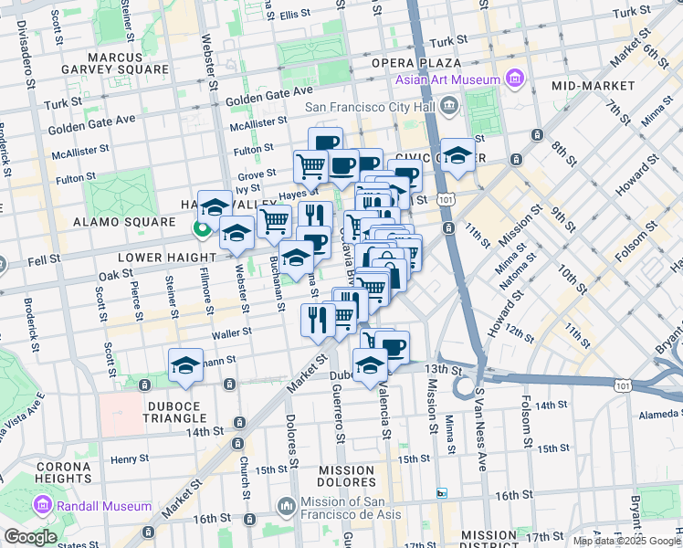 map of restaurants, bars, coffee shops, grocery stores, and more near 101 Octavia Street in San Francisco