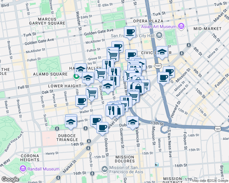 map of restaurants, bars, coffee shops, grocery stores, and more near in San Francisco