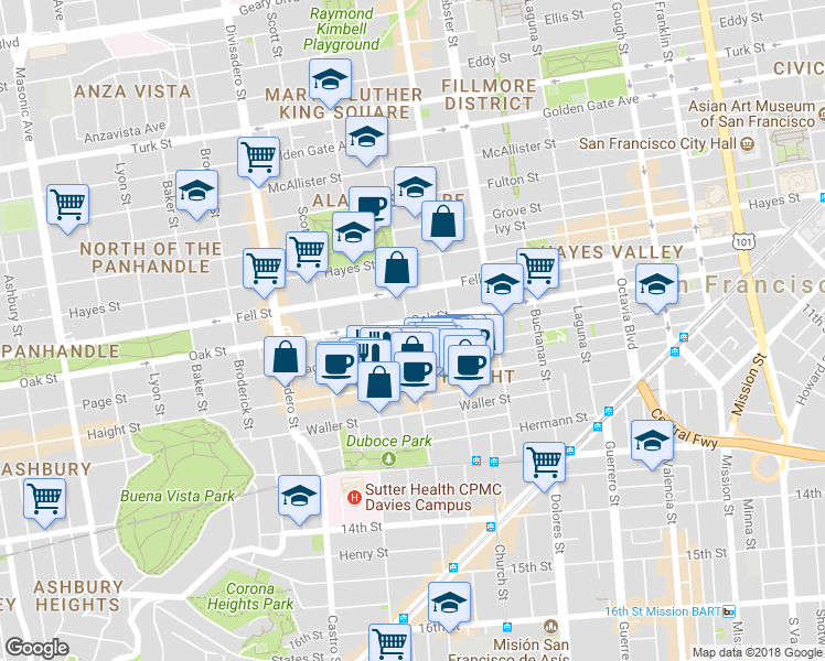 map of restaurants, bars, coffee shops, grocery stores, and more near 799 Oak Street in San Francisco