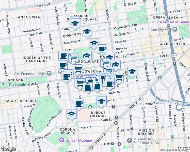 map of restaurants, bars, coffee shops, grocery stores, and more near 738 Page Street in San Francisco