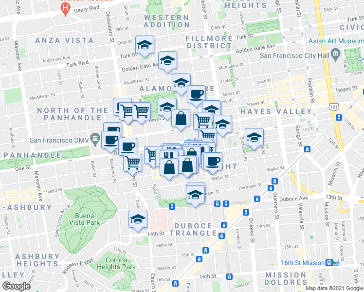 map of restaurants, bars, coffee shops, grocery stores, and more near 738 Page Street in San Francisco