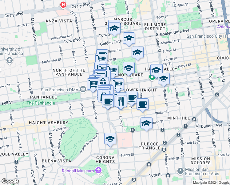 map of restaurants, bars, coffee shops, grocery stores, and more near 984 Oak Street in San Francisco