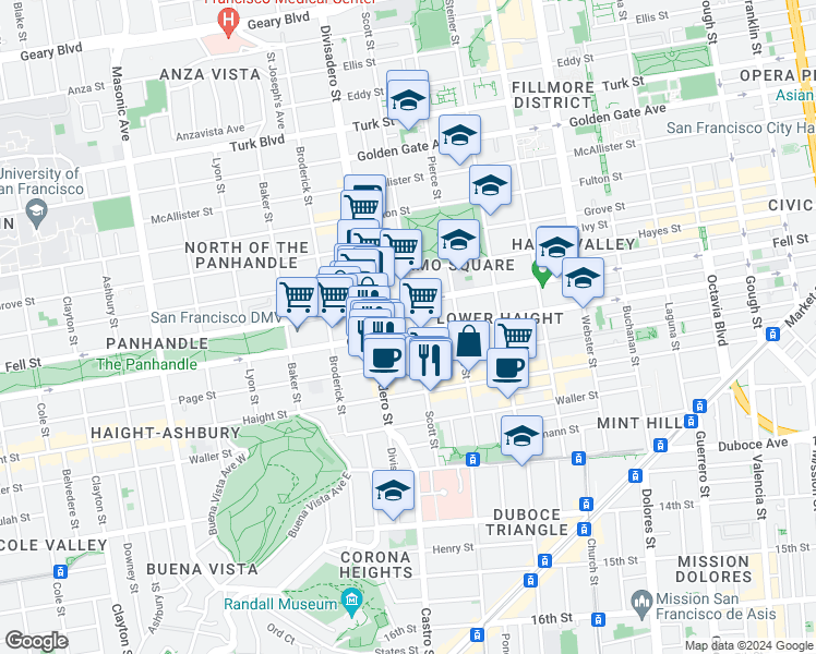 map of restaurants, bars, coffee shops, grocery stores, and more near 984 Oak Street in San Francisco