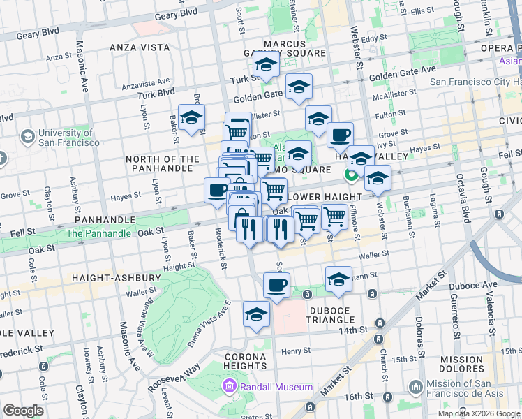map of restaurants, bars, coffee shops, grocery stores, and more near 984 Oak Street in San Francisco