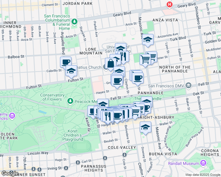map of restaurants, bars, coffee shops, grocery stores, and more near 2185 Hayes Street in San Francisco