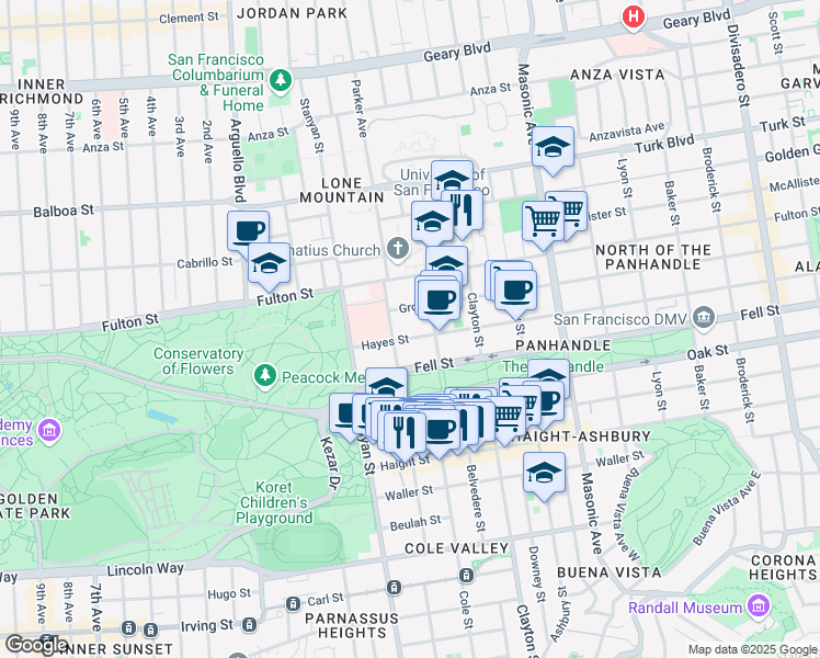 map of restaurants, bars, coffee shops, grocery stores, and more near 2185 Hayes Street in San Francisco