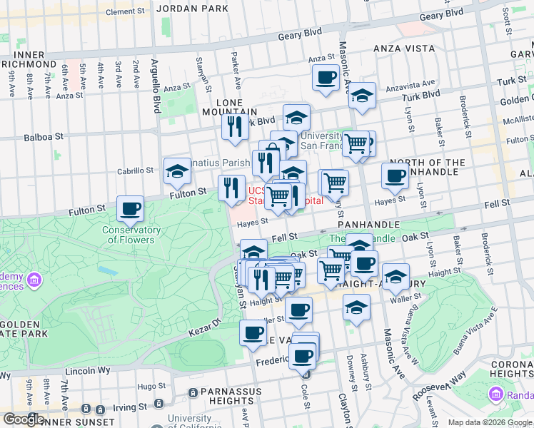 map of restaurants, bars, coffee shops, grocery stores, and more near 2185 Hayes Street in San Francisco