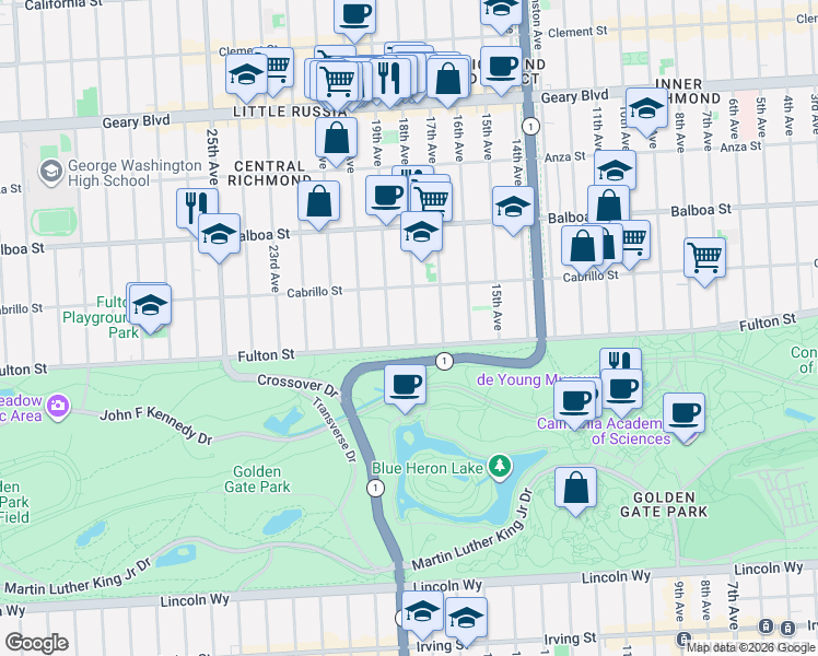 map of restaurants, bars, coffee shops, grocery stores, and more near 4150 Fulton Street in San Francisco