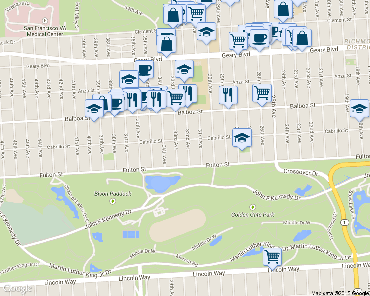 map of restaurants, bars, coffee shops, grocery stores, and more near 858 32nd Avenue in San Francisco