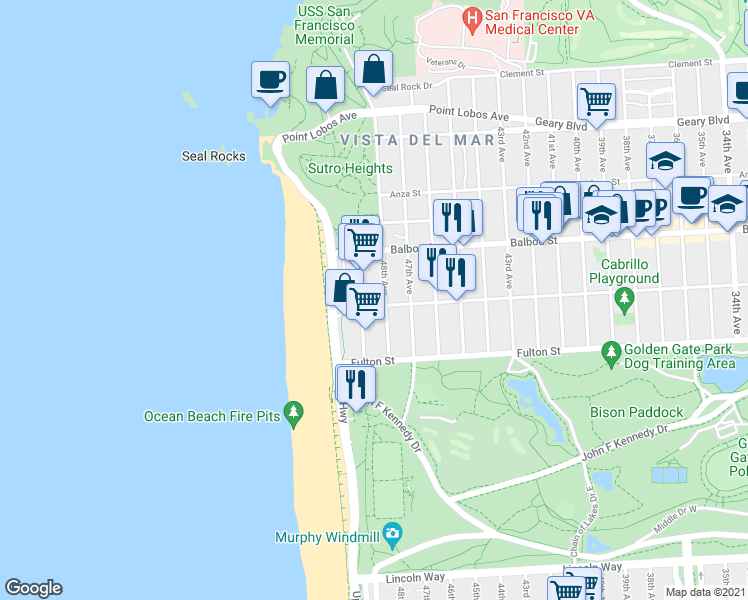 map of restaurants, bars, coffee shops, grocery stores, and more near 850 La Playa Street in San Francisco