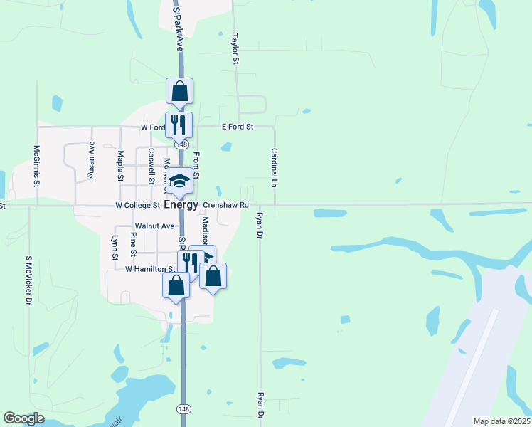 map of restaurants, bars, coffee shops, grocery stores, and more near 105 Ryan Drive in Carterville
