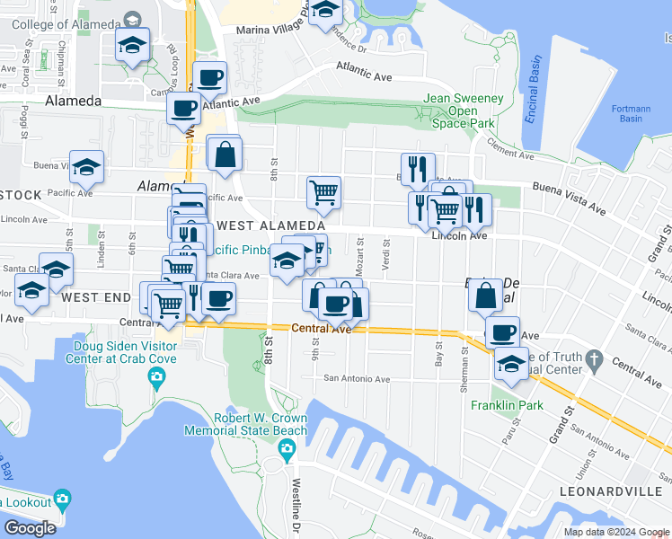 map of restaurants, bars, coffee shops, grocery stores, and more near 917 Santa Clara Avenue in Alameda
