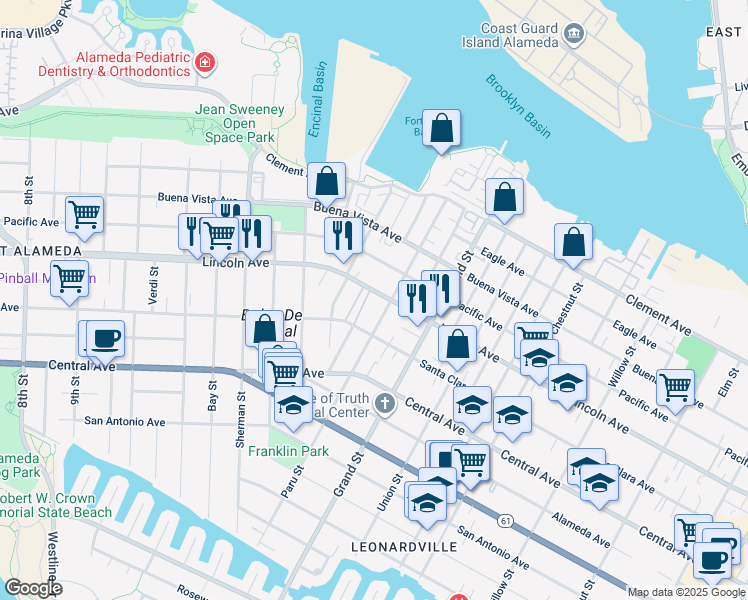 map of restaurants, bars, coffee shops, grocery stores, and more near 1572 Lincoln Avenue in Alameda