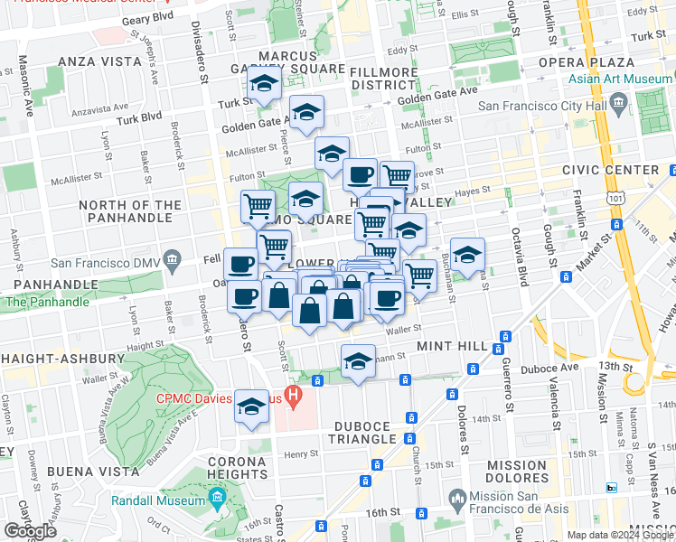 map of restaurants, bars, coffee shops, grocery stores, and more near 738 Page Street in San Francisco