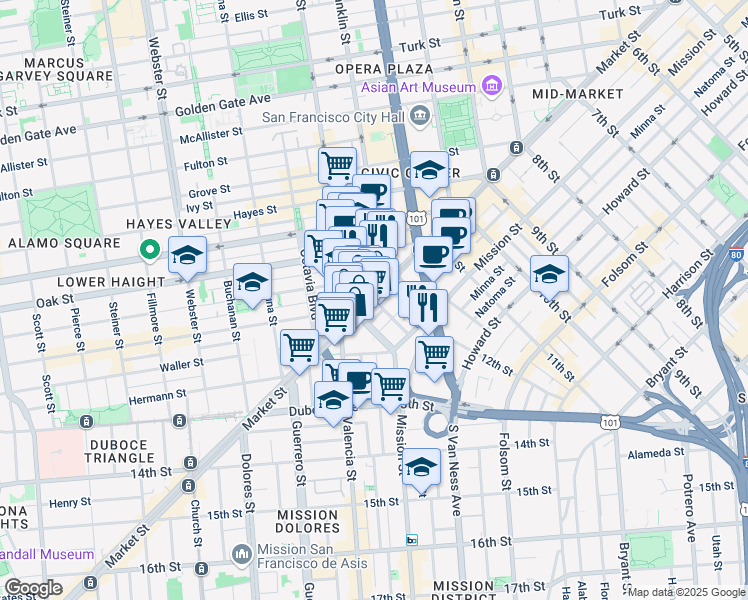 map of restaurants, bars, coffee shops, grocery stores, and more near Market Street in San Francisco