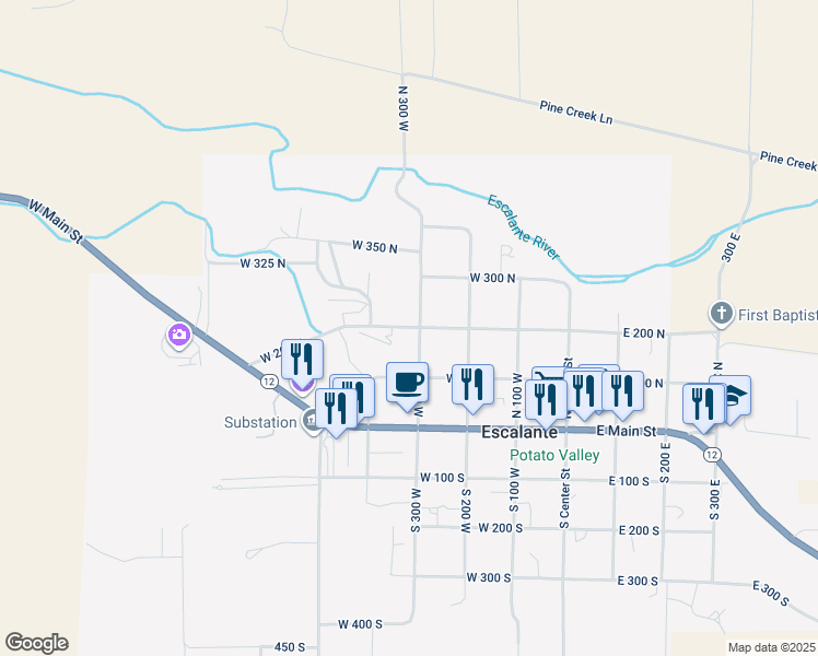 map of restaurants, bars, coffee shops, grocery stores, and more near West 200 North in Escalante