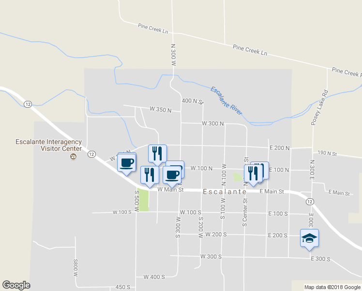map of restaurants, bars, coffee shops, grocery stores, and more near 245 North 300 West in Escalante