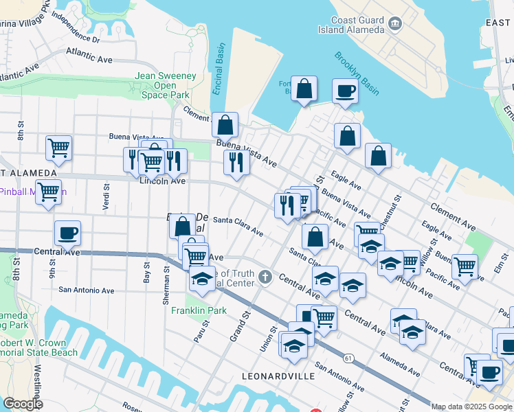 map of restaurants, bars, coffee shops, grocery stores, and more near 1572 Lincoln Avenue in Alameda