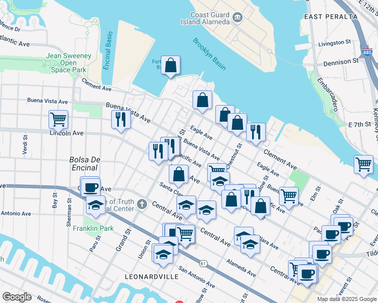 map of restaurants, bars, coffee shops, grocery stores, and more near 1739 Pacific Avenue in Alameda