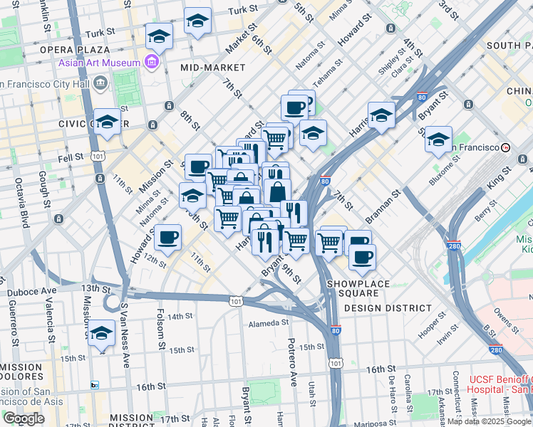 map of restaurants, bars, coffee shops, grocery stores, and more near 1222 Harrison Street in San Francisco