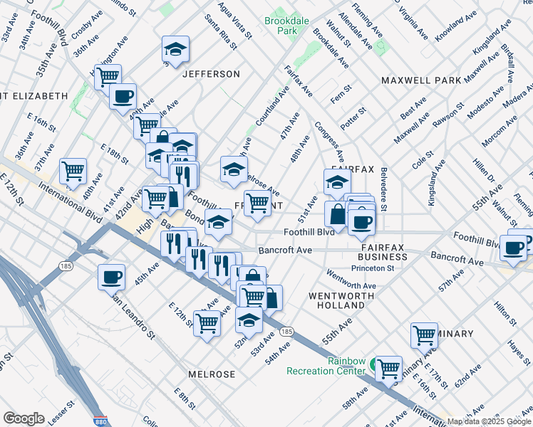 map of restaurants, bars, coffee shops, grocery stores, and more near in Oakland