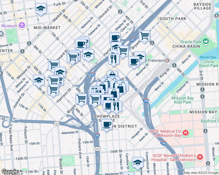 map of restaurants, bars, coffee shops, grocery stores, and more near 603 7th Street in San Francisco