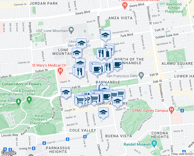 map of restaurants, bars, coffee shops, grocery stores, and more near 209 Ashbury Street in San Francisco