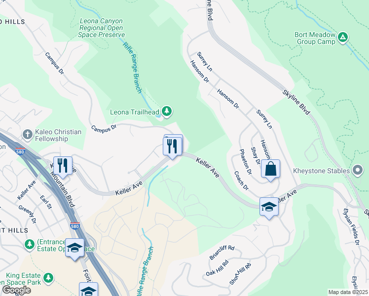 map of restaurants, bars, coffee shops, grocery stores, and more near 700 Canyon Oaks Drive in Oakland