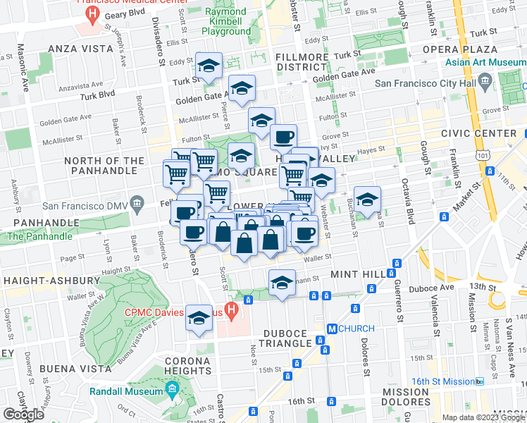 map of restaurants, bars, coffee shops, grocery stores, and more near 811 Oak Street in San Francisco