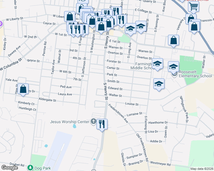 map of restaurants, bars, coffee shops, grocery stores, and more near 306 Edward Street in Farmington