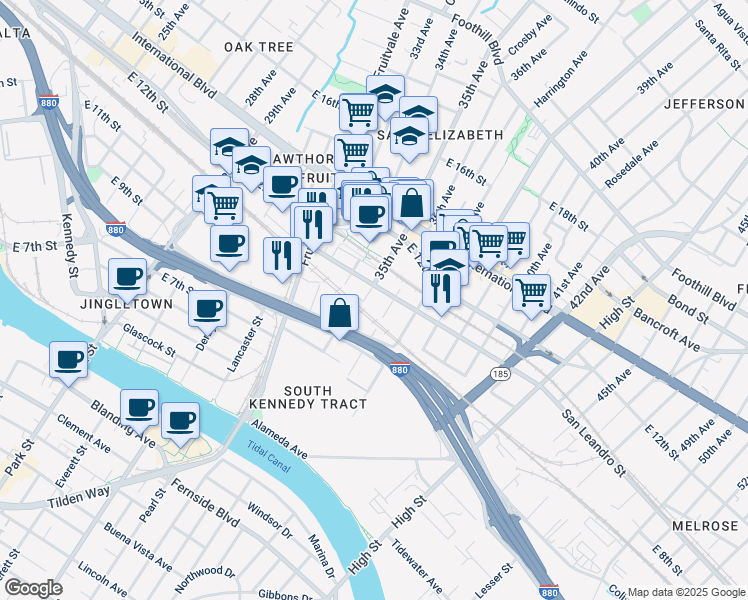 map of restaurants, bars, coffee shops, grocery stores, and more near 854 35th Avenue in Oakland